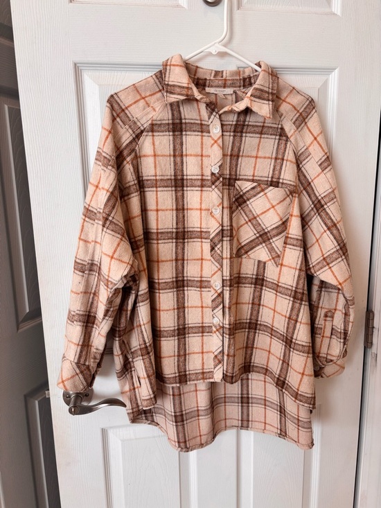 Vervet Tops - Vervet Oversized Cream  and Brown Plaid‎ Button-Up Shirt